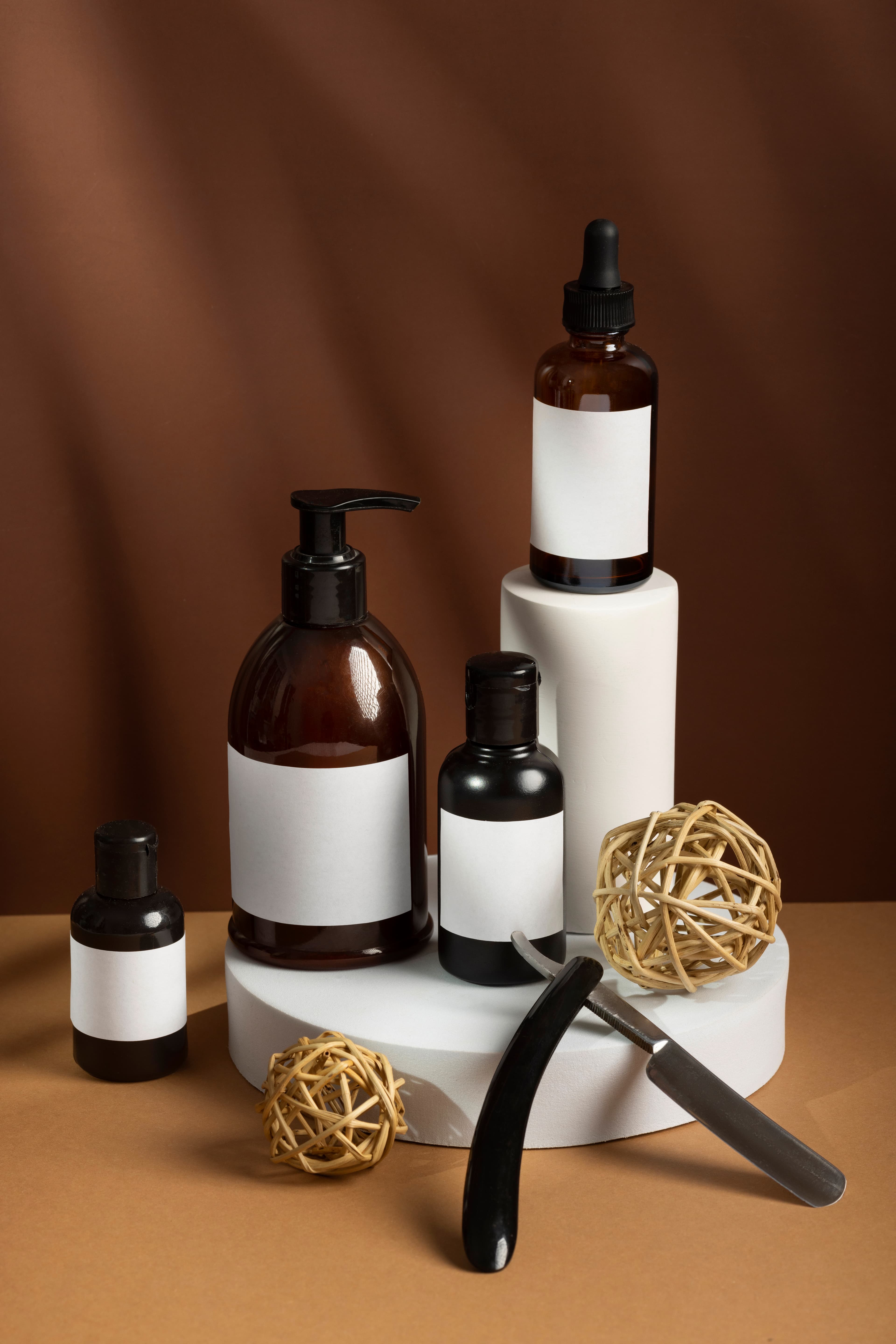 Skincare range styled with printed brand labels